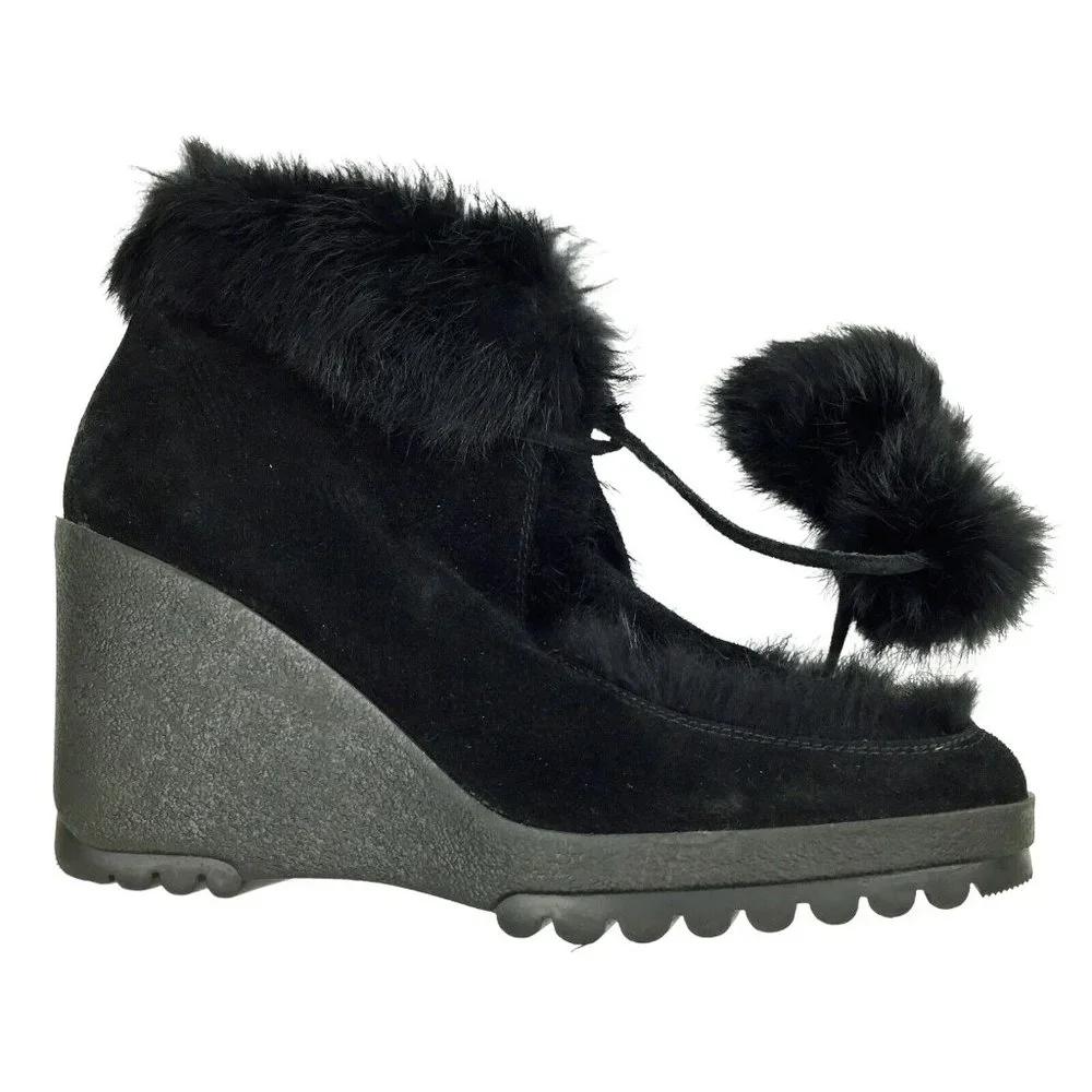 COACH Kataya Black Suede Rabbit Fur Trim Lace Up‎ Wedge Booties